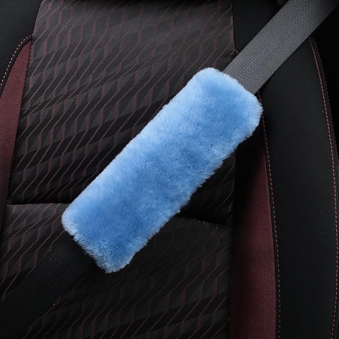 Soft Genuine Sheepskin Wool Auto Seat Belt Cover Seatbelt Shoulder Pad for a More Comfortable Driving, Compatible with All Cars(Blue)