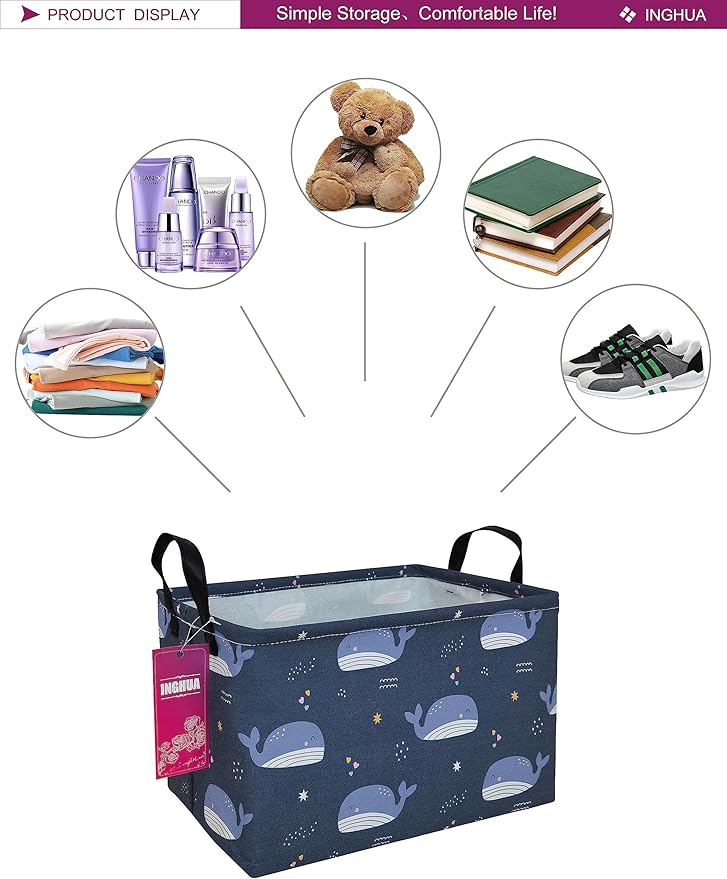 INGHUA Rectangular Storage Basket Fabric Organizer Bin for Toys,Books,Clothes,Gifts,Pets-Perfect for Home,Office,Nursery,Dorm,Shelf(Rec-Blue Whale )