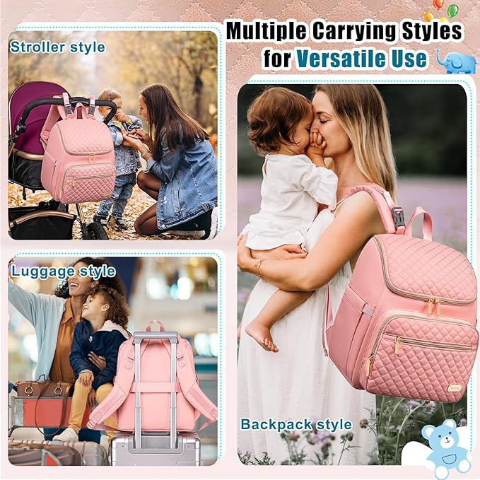 Weitars Diaper Bag Backpack Large Baby Diaper Bag with Changing Pad Travel Diaper Backpack,Baby Bag for Boys Girls,Stroller Straps,5 Insulated Pockets (Pink)