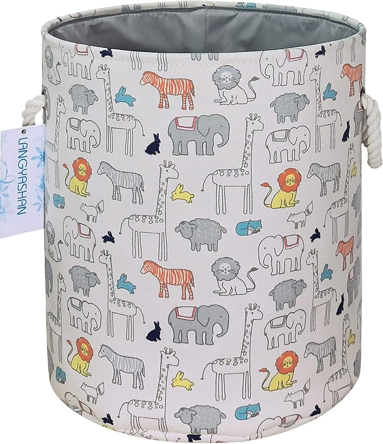 LANGYASHAN Laundry Basket Canvas Collapsible Organizer Storage Basket for Boys Girls Laundry Hamper Toy Bins Gift Baskets Bedroom Clothes Children Nursery (Animal)