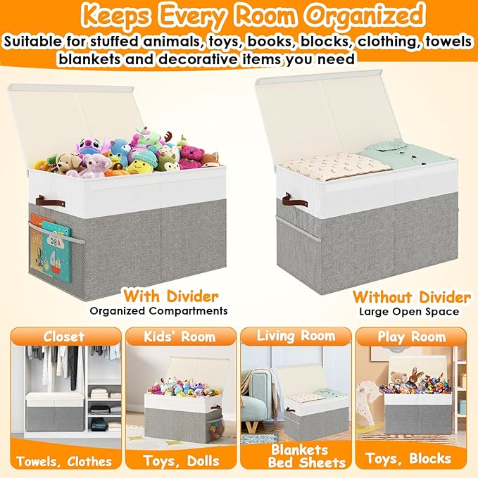 Fineonly Large Toy Storage Box with Lid Upgraded Toy Storage Chest Organizer with Divider Foldable Toy Bin for Kids Boys Girls Playroom Nursery Bedroom (25"x13"x16")