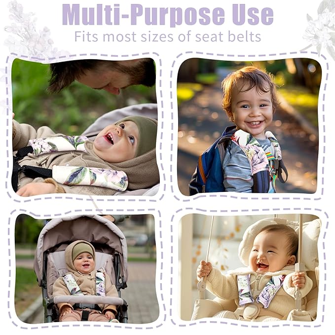 Car Seat Strap Pads for Baby Kids, HNHUAMING Ultra Soft Carseat Straps Shoulder Covers, 2 Pack Infant Seat Belt Cover Pad for Baby Car Seats/Strollers/High Chair/Pushchair, Purple Floral