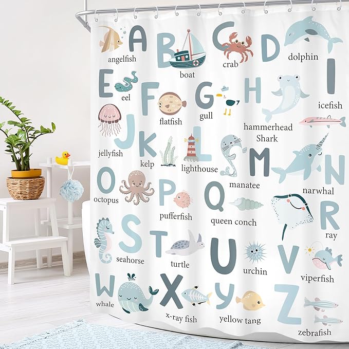 Kids Shower Curtain 60Wx72H Cute Cartoon Alphabet ABC Sea Animal Blue Educational Ocean Bathroom Curtain Set Baby Boys Girls Bath Curtain Cloth Fabric Beach Bathroom Decor with 12 Hooks
