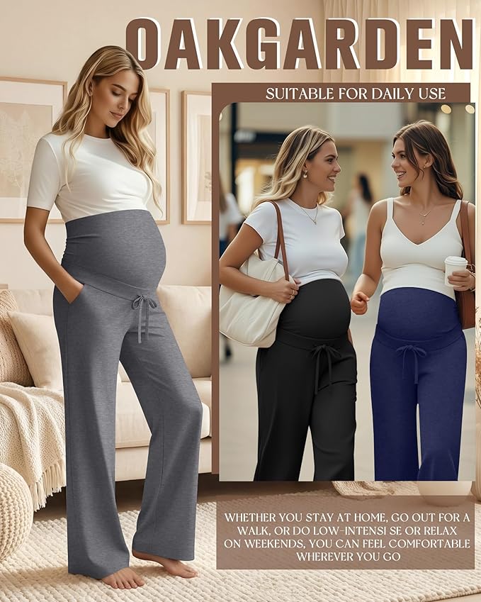 3 Pcs Maternity Sweatpants Over The Belly Pregnancy Straight Wide Leg Elastic Drawstring Pants Joggers with Pockets