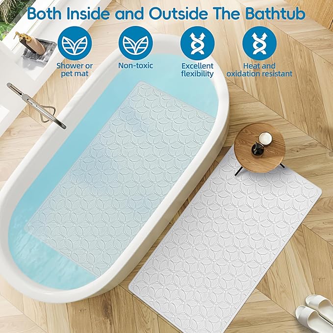 Bathtub Mat Non Slip with Suction Cups - 100% Rubber Bathroom Mat Textured for Bath Tub Shower Safety - Soft on Touch - BPA/PVC Free - Pet Dog Bath Mat - Machine Washable - 17 × 35 Inch（White）