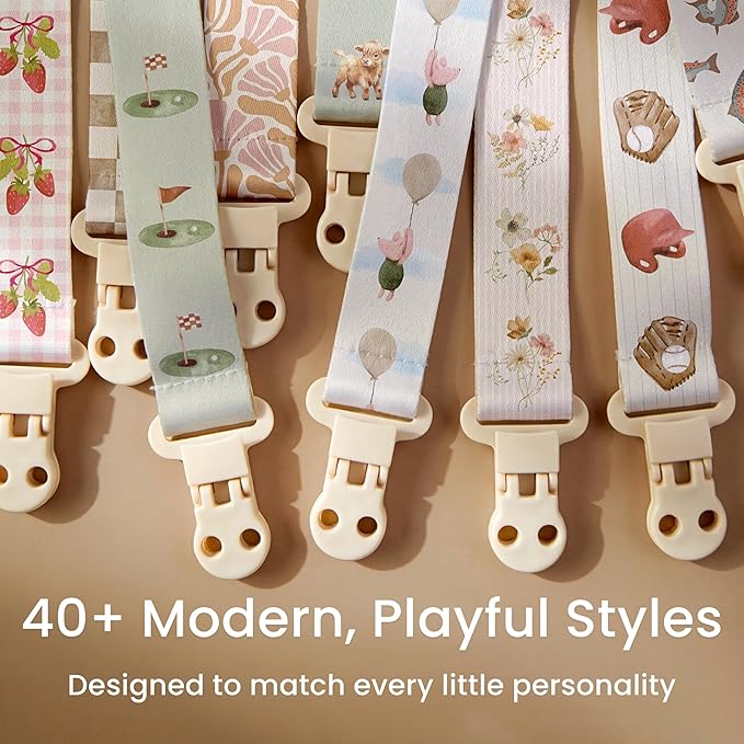 Stadela Baby Fabric Pacifier Clip Holder, Plastic Clip, 4‑Pack, Farm Pattern, Rowan Set