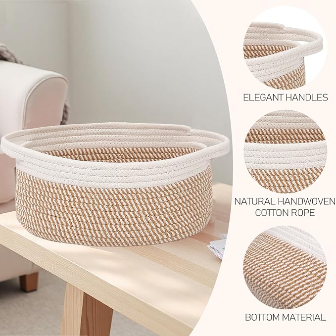JMvicyroam Woven Basket,Small Rope Storage Bin with Handles & Ribbon Bag, Organizer for Shelves Closets,Gift Basket Empty for Birthday,Books,Dog Toys, White&Brown Block/2 Pack