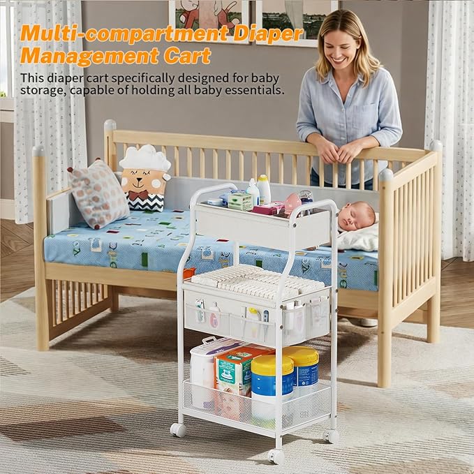 Diaper Caddy Organizer 3-Tier Rolling Cart, Metal Utility Cart with 4+2 Dividers & Lockable Silent Casters, Mobile Storage Cart for Nursery Essentials, Multi-Purpose for Kidsroom Changing Table