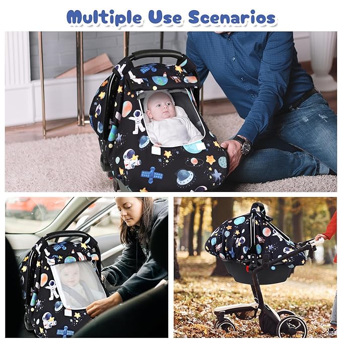 Baby Car Seat Cover, Windproof Carseat Cover for Infant Girls, Infant Warm Carseat Canopy with Double Layer Fabric for Winter, Compatible with Most Baby Car Seat, Space