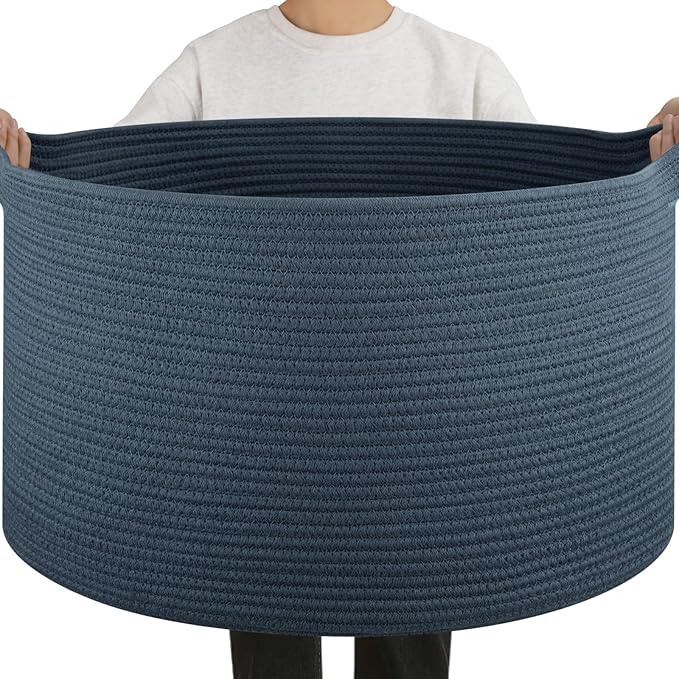 OIAHOMY 90L Blanket Basket for Living Room, Large Basket 23" x 23" x 13" with Handle, Laundry Hamper for Blankets, Pillows, Toy Storage for Kids, Dogs - Blue