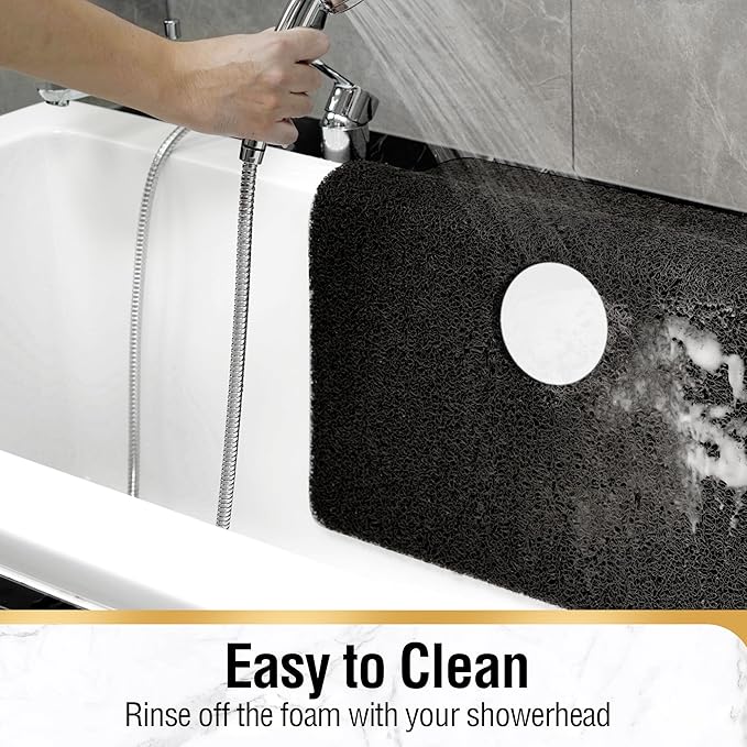 HITSLAM Square Shower Mat, 24 x 24 Inch Non Slip Bath Mat for Tub, Soft PVC Loofah Bathtub Mats with Drain Holes, Quick Drying Bathroom Stall Floor Mat, Bathroom Accessories Without Suction Cup, Black