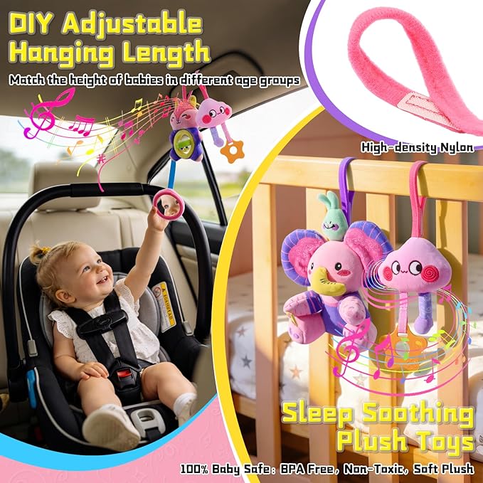 Musical Car Seat Toy for Babies 0-12 Months Girl, 5-in-1 Sensory Activity Hanging Toy Stroller Toy with Soothing Music, Rattle, Mirror for Newborn Infants Essential Gifts, Unicorn