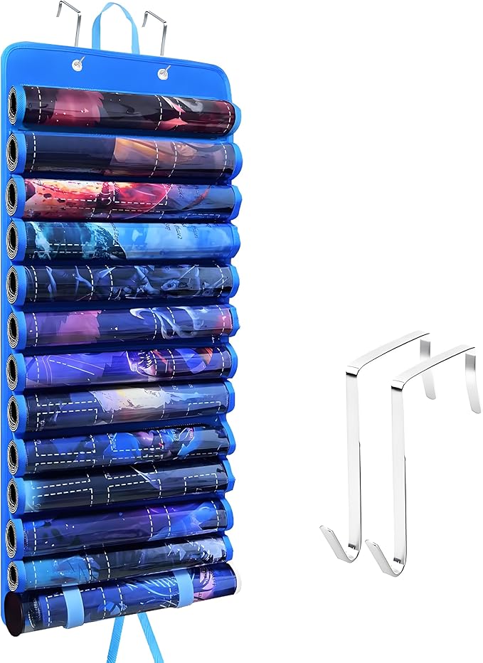 Playmat Holder, Playmat Tube Storage Bag for MTG with 2 Hooks, Fits 12+1 Game Mats & Tubes with Transparent Plastic Slots, Portable Organizer Case for TCG/RPG Mat (Blue)