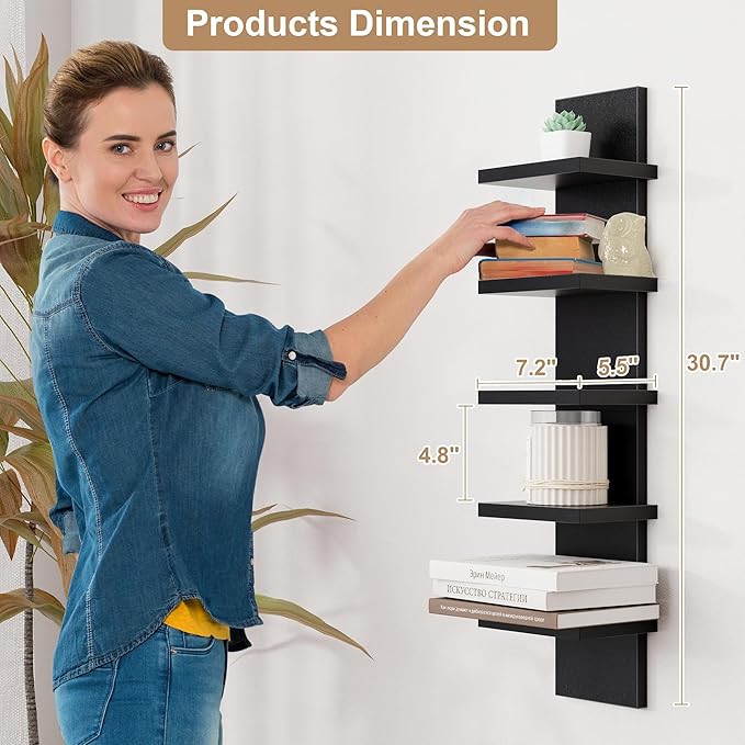 Fun Memories 5 Tier Wall Shelf Unit, Black Floating Shelves for Storage - Vertical Column Tower Design, Lack Wall Shelf Space Saving Organizer for Bedroom, Living Room, Home Decor， 2Pack