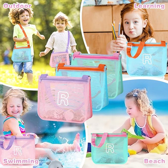 3Pcs Personalized Kids Beach Shell Bag, Initial Seashell Mesh Zipper Beach Pouch, Shell Collecting Bag for Holding Shells with Adjustable Straps, Sand Toys Swim Pouch Gift for Girl Boy Teens(Letter R)