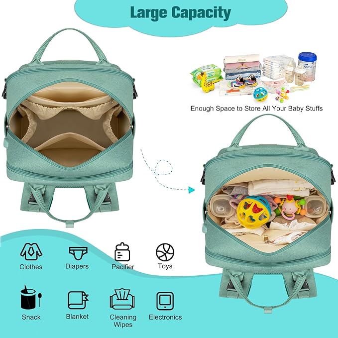Diaper Bag Backpack,BAGPARKK Multi function Baby Bag with Portable Changing Pad, Pacifier Holder,Waterproof Diaper Bags with USB Charging Port,Anti-Theft Travel Backpack for Mom, Dad, Newborn (Green)