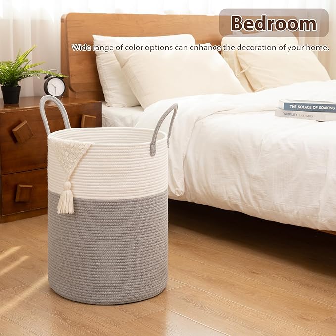 OIAHOMY Large Laundry Basket Hamper - 60L Cotton Rope Woven Basket for Blankets, Toys, Clothes - Tall Decorative Nursery Hamper with Long Handles, Grey/White