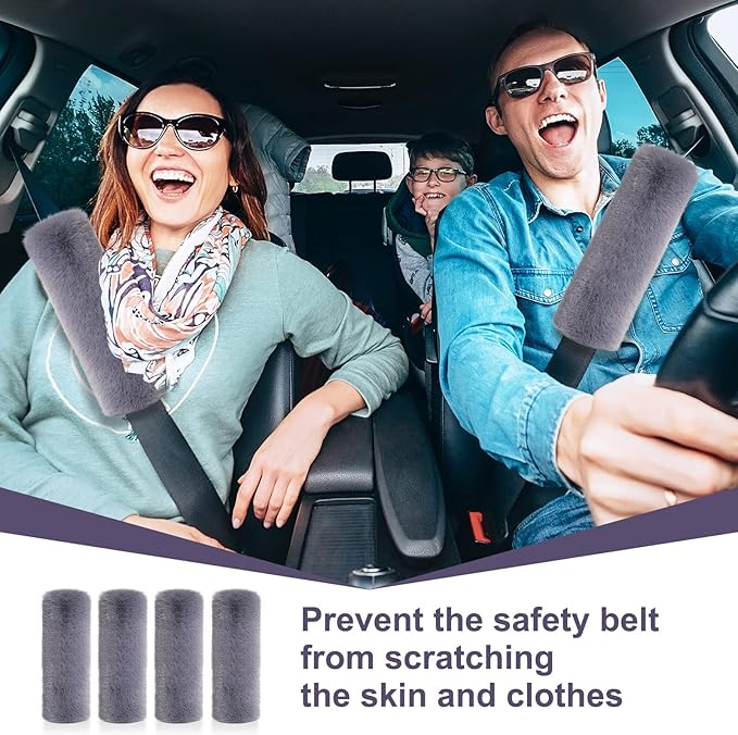 Boao 4 Pack Faux Sheepskin Car Seat Belt Pads Seatbelt Protector Soft Seat Belt Shoulder Strap Cover Comfort Harness Pad(Dark Gray, 9.9 Inch)