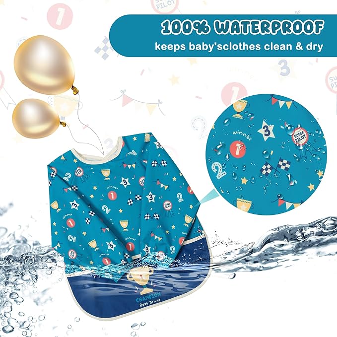 Little Dimsum Mess-Proof Baby Bibs|Infant Toddler Long Sleeve Waterproof Feeding Smock|Catching Food & Wipe Clean