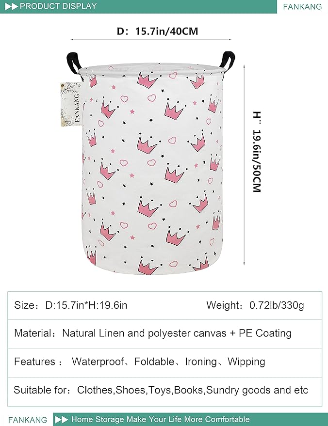 FANKANG Storage Basket, Nursery Hamper Canvas Laundry Basket Foldable with Waterproof PE Coating Large Storage Baskets for Kids Boys and Girls, Office, Bedroom, Clothes,Toys（pink crowns）
