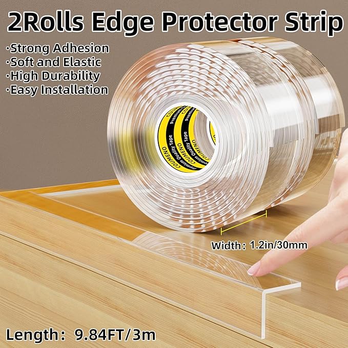 COUMENO 2Pack Baby Clear Edge Protector 1.2in X 9.84FT(19.68FT Total) Child Protection Desk Corner Anti-Bump Home Wrap Invisible, Anti-Sharp Edge Protect