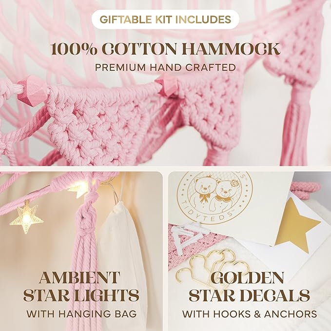 TIDYTEDS Stuffed Animal Hammock Corner | Sturdy Handcrafted Stuffed Animal Net | 4mm Double Macrame Cord Stuffed Animal Holder | Natural 100% Cotton Plushie Net | Toy Hammock w/LED Light (Pink)
