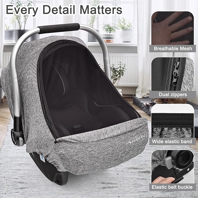 Baby Car Seat Cover, Extra Large Mesh Window, Breathable Fabric, Infant Windproof Canopy, Universal Fit CarSeat Covers for Babies, Machine Washable, Must Have Baby Gift. (Gray)