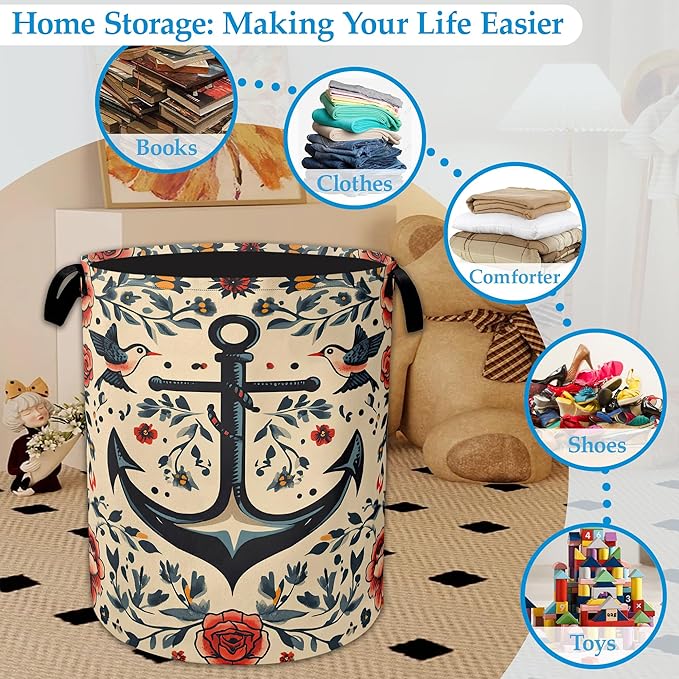 Anchor Flowers Laundry Hamper Collapsible Laundry Basket Portable Clothes Toy Storage Bin for Bathroom Bedroom Room Decor 16 X 20.8 Inch