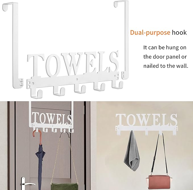Kuhome Towel Hooks Over The Door Hooks Hangers Wall Mount Towel Rack Towel Holder for Bathroom, Storage Coat Hooks for Home Decor Metal Organizer for Towel Clothes Bag Robe(White)