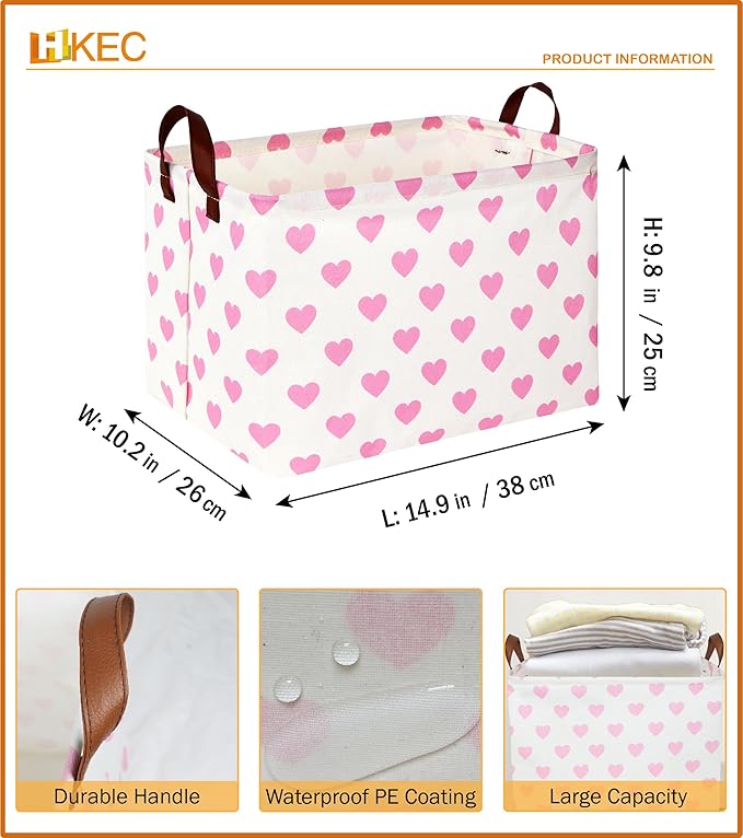 HKEC Rectangle Pink Heart Gift Basket,Storage Basket for Girls, Room Decor, Books Shelf Baskets (Pink Heart)