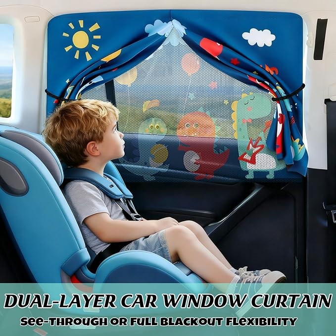 Car Window Shade for Baby, 2 Pack Magnetic Double Layer Cute Dinosaurs Car Sun Shade Side Window, Adjustable Privacy Blackout/See-Through Window Curtains for Baby Kids UV Protection