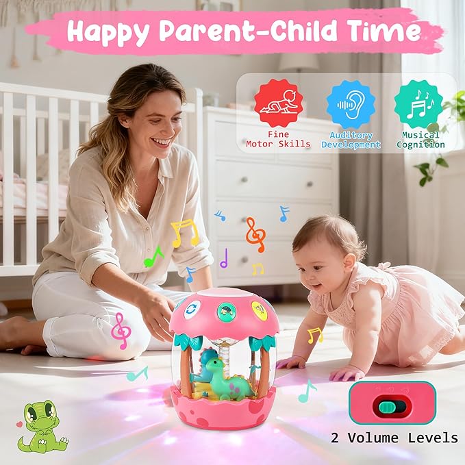 M SANMERSEN Baby Girl Toys 6-12 Months, Dinosaur Rotating Light Up Musical Baby Toys for 0-6 12-18 Months Newborn Infant Crawling Tummy Time Toys, Birthday Valentines Day Baby Girl Gifts - Pink
