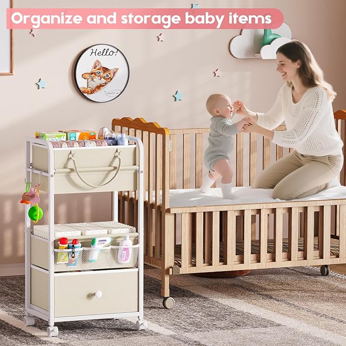 2In1 Baby Diaper Caddy Organizer and Storage, 3 Tier Rolling Cart with Drawer, Detachable Dividers, Mobile Utility Cart Baby Dresser Clothes Organizer for Crib, Bedroom, Art & Craft Storage