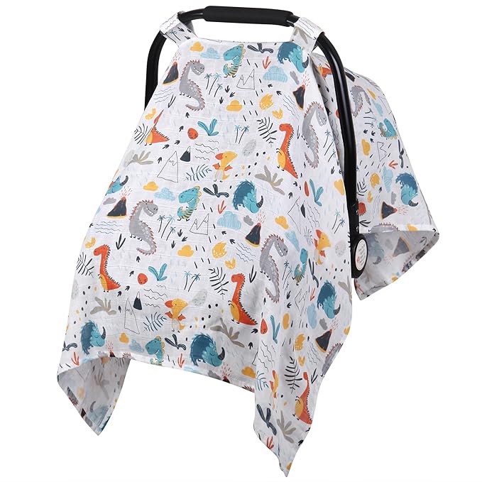 Metplus Car Seat Cover Baby boy, 100% Muslin Cotton Infant Carseat Covers, Lightweight Breathable Car Seat Canopy, Summer Stroller Sun Shade, Newborn Travel Essentials(Dinosaur Party)