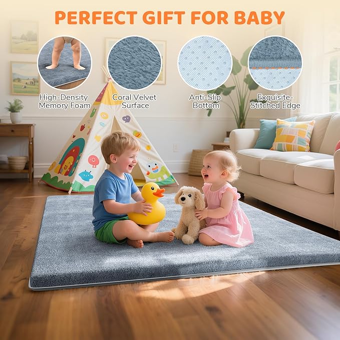 Omzer Baby Play Mat for Floor - 1.3" Thick Foam 71x79 Inch Playpen Mats with Removable & Washable Cover for Tummy Time, Soft Coral Velvet & Non-Slip Crawling Pad for Babies, Toddlers, Infants - Grey