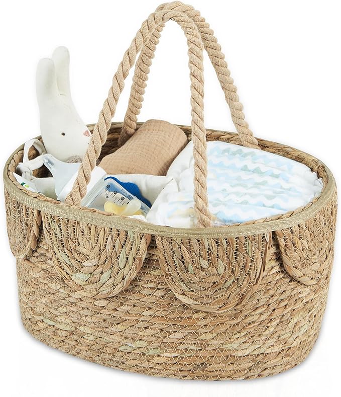 FairyHaus Diaper Caddy Organizer, Portable Natural Wicker Diaper Caddy with Rope Handles and Cotton Divider, Handwoven Seagrass Diaper Caddy Basket with Scalloped Edge for Nursery Picnic