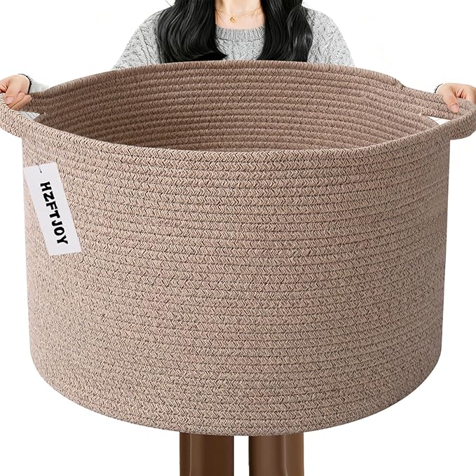 Large Storage Basket with Handle,19.7" L x 19.7" W x 13" H Blanket Basket Storage Bins for Organizing,65L Cotton Rope Woven Baskets for Living Room, Nursery,Bedroom,Brown