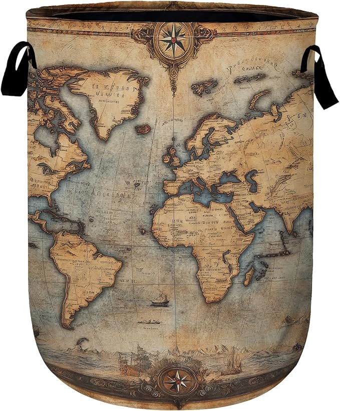 Antique World Map Laundry Basket, Laundry Hamper Collapsible Oxford Cloth with Handle Clothes Toy Storage Bin for Bathroom Laundry Room Bedroom 15.7 X 20 Inch