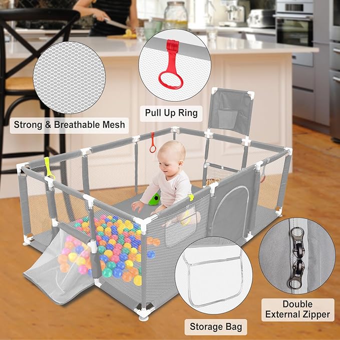 74"×50" Large Playpen for Babies and Toddlers, Kids Playyard with Basketball Hoop & Football Nets, Comes with a Storage Carry Bag, Pull Up Rings, Sturdy Safety Play Pen w/Soft Breathable Mesh (Grey)