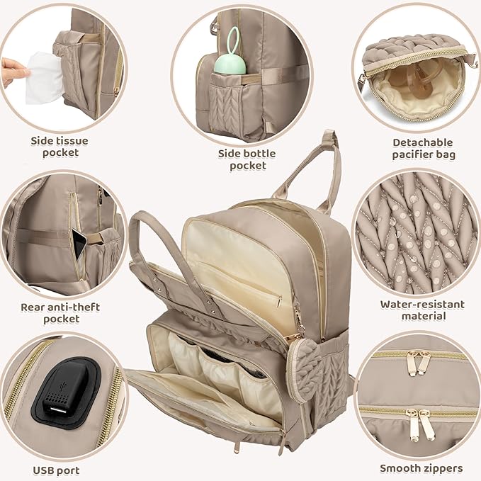 CandyHome Diaper Bag Backpack, Stylish Travel Baby Diaper Bags with Changing Pad, Insulated Pockets, Waterproof Baby Bag Converts into Tote Bag, Diaper Backpack, Stroller Bag (Khaki)