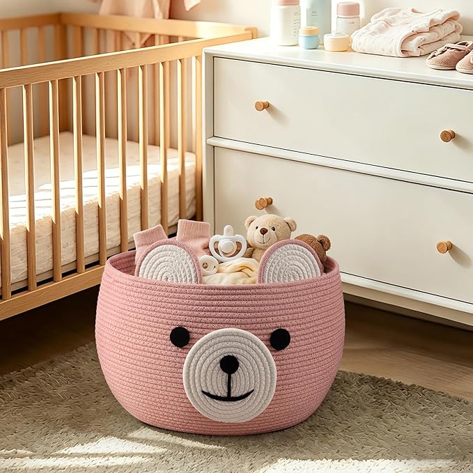 CherryNow Baby Basket for Nursery, Bear Gift Baskets for Girls, Baby Shower Basket with Handles, Large Diaper Caddy Organizer, Bright Pink, 15.7"D x 10.5"H