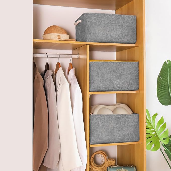 LordCom Storage Bins with Sturdy Cotton Handles(1 Pack), Fabric Storage Baskets for Organizing use for Office & Home, Book, Clothes, Toys, Closet Boxes (Large, Grey, 15.7x11.8x7.9 inches)