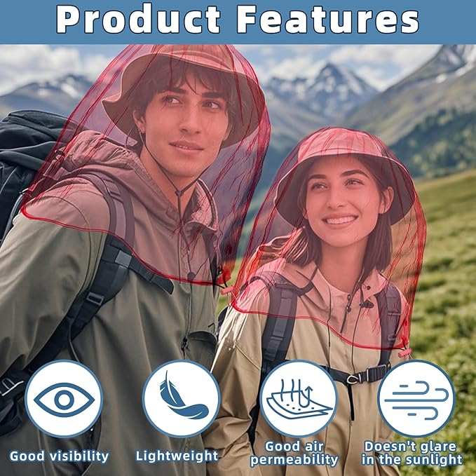2 Pack Ultra Large Mosquito Net 42x25 Inches Mosquito Head Net Oversized Insect Netting Bug Fits Most Hats for Gardening Hiking Fishing Traveling(Pink)