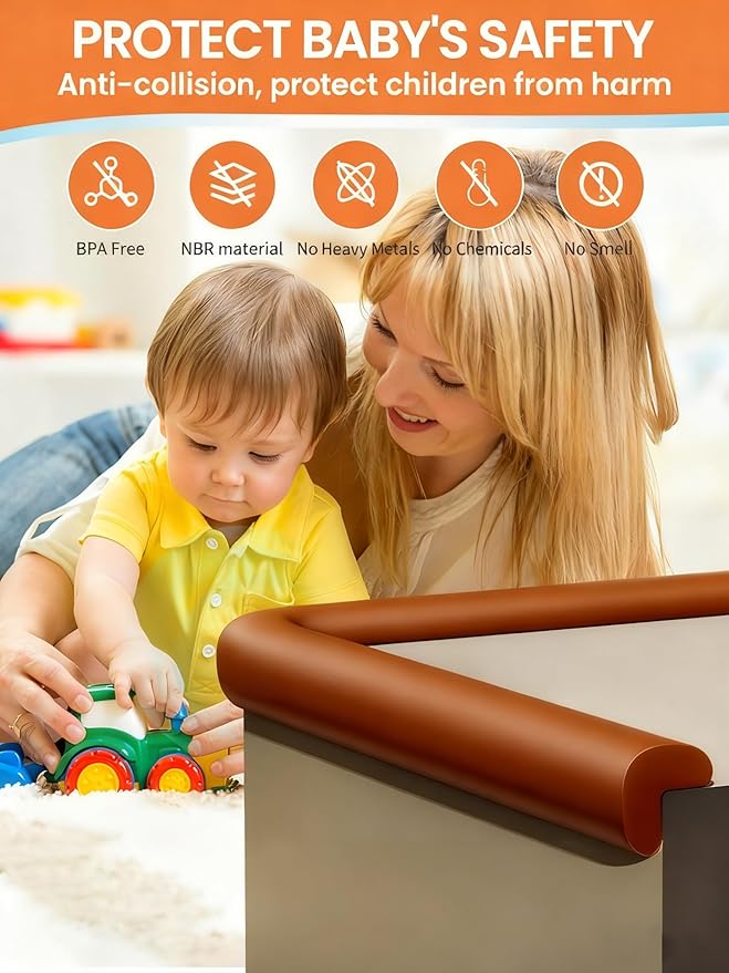 QYV Baby Proof Edge Corner Protector, 6.56FT 0.47''Th L-Shape Furniture Corner & Edge Safety Bumpers with 6 Corners, Pre-Taped, Soft NBR Rubber Foam Desk Edge Cushion Wall Corner Protector (Brown)