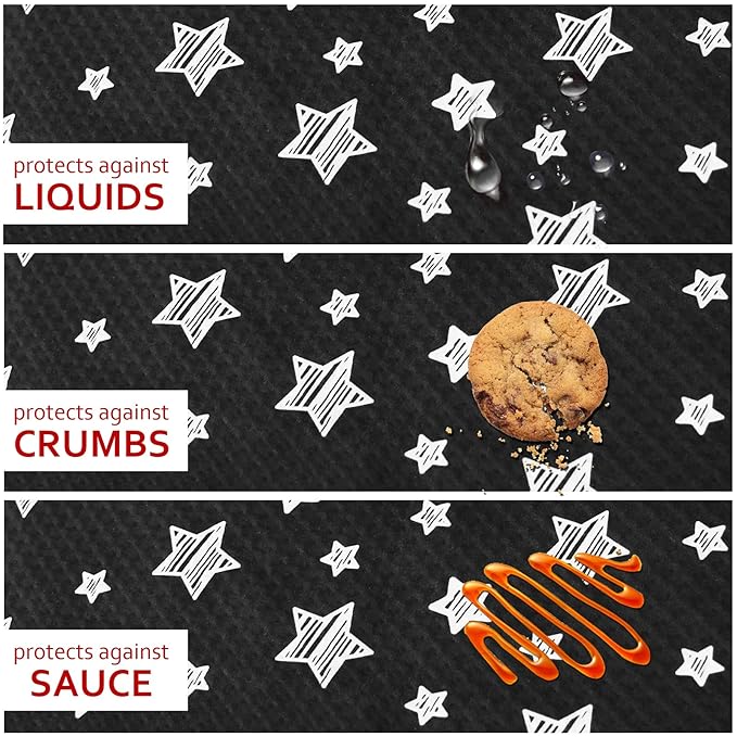 High Chair Mat Waterproof and Washable Splat Mat, Baby Splat Mat for Under High Chair, Non Slip Mat for Art/Crafts/Playtime, Protable Picnic Table Cloth Mat, 46'' x 42'', Black Star