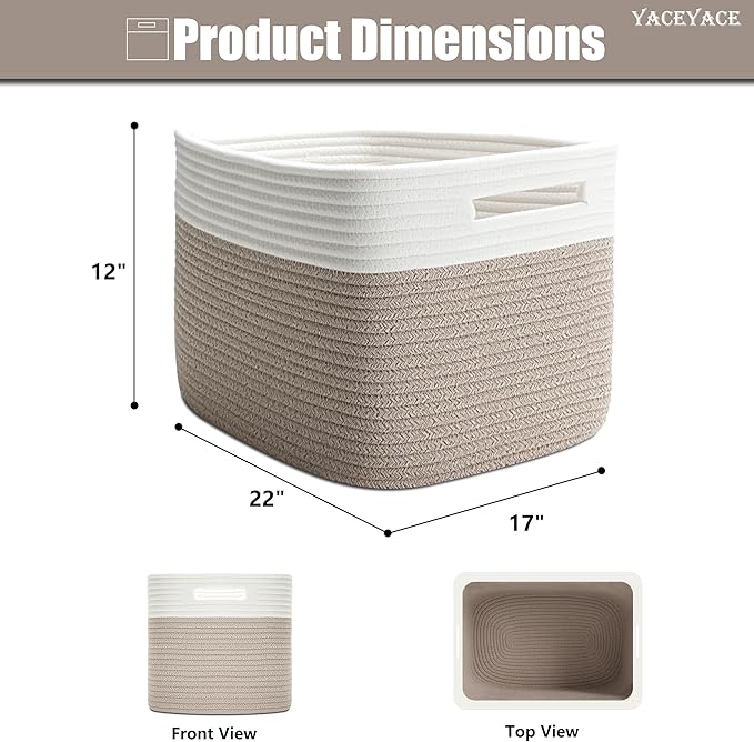 Large Basket for Shelves, Woven Cotton Bin with Handles for Toy Collection, Big Blanket Basket for Living Room, Nursery, Bedroom 22"x17"x12"