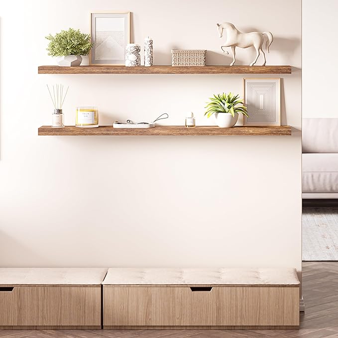 Ballucci Floating Shelves, 55" Wood Wall Shelf Set of 2, with Invisible Brackets for Bathroom, Living Room, Bedroom, Kitchen, Nursery, 6" Deep, Rustic Brown