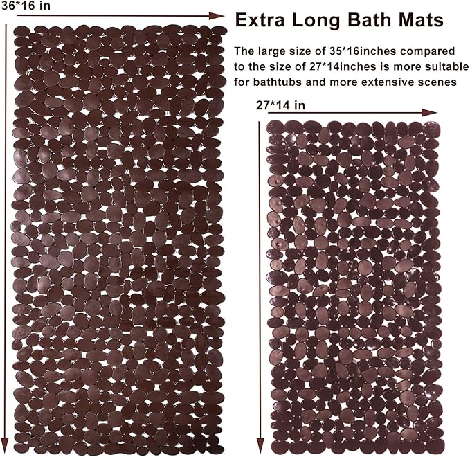 Bath Tub and Shower Mats, Non-Slip Pebble 35 x 16 Inches Machine Washable Bathtub Mat with Drain Holes, Suction Cups for Bathroom (Brown)