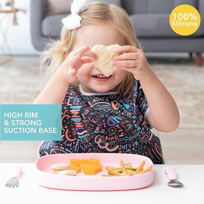 Bumkins Toddler and Baby Suction Plate, Silicone Grip Dish Large Tray for Big Kids, Fits Most Highchairs, Essential Children Feeding Supplies, Non Skid Sticky Bottom, Platinum Silicone, Pink