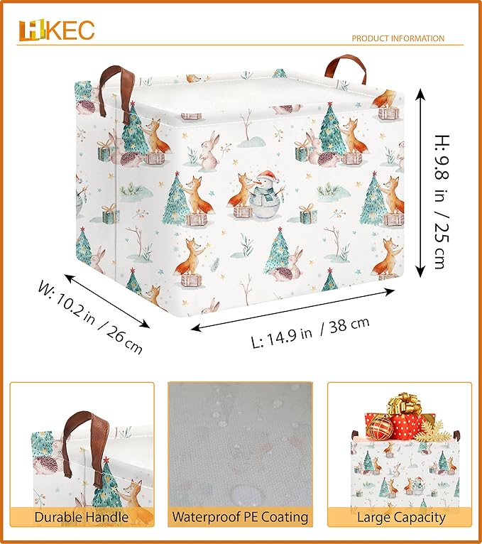 HKEC Rectangle Storage Basket with Handles,Collapsible Storage Bin,Books Box,Gift Basket(Animal Christmas)